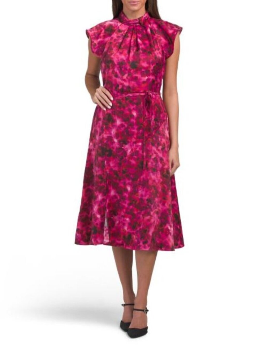 LONDON TIMES Mock Neck Flutter Sleeve Midi Dress With Waist Sash